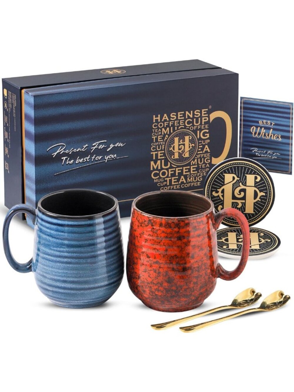 Handmade Ceramic Coffee Mug Set of 2 - 20 Oz Latte Cups with Coaster & Spoon